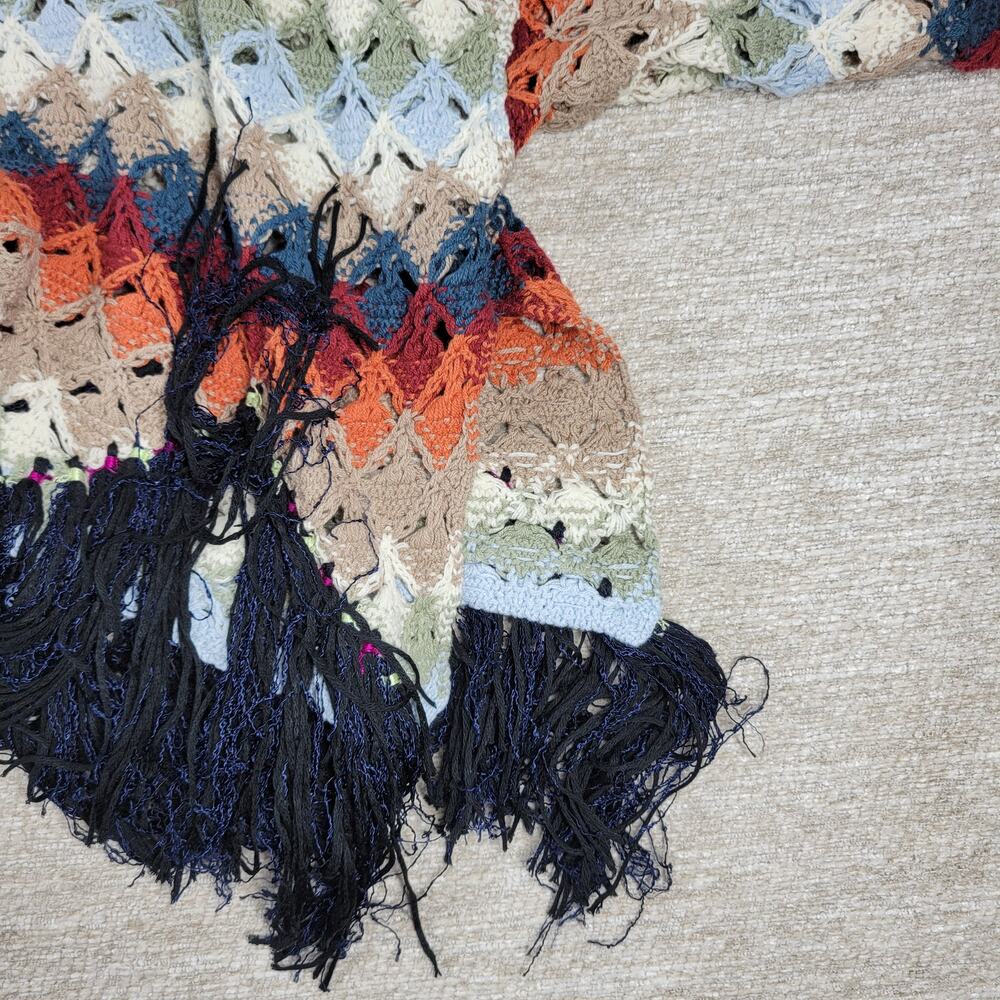 Free People XS Crochet Fringe Sweater Multicolor Boho Chevron Knit Oversized - Picture 14 of 16